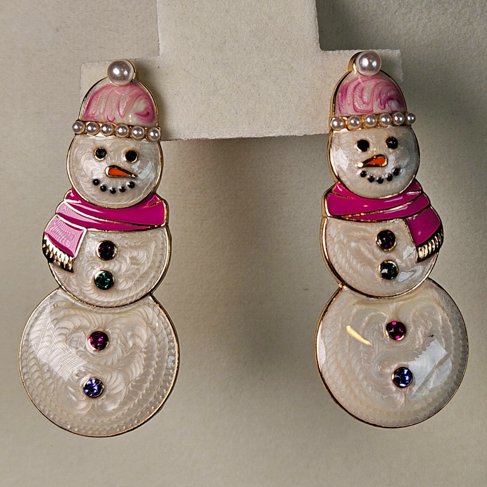 Snowman Enamel Dangle Drop Earrings Gold Tone Pink Scarf Crystal Butterfly